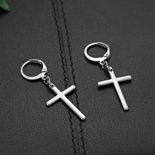 Vista 4 de Flongo Aretes de tuerca, de acero inoxidable, perlas y cruz, con bisagras, para Navidad, día de San Valentín, estilo 1, F101037