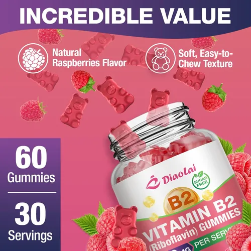 Vista 5 de Gomitas de vitamina B2 Riboflavina de 400 mg con magnesio para niños y adultos, gomitas B2 para alivio de la migraña y apoyo del sistema nervioso