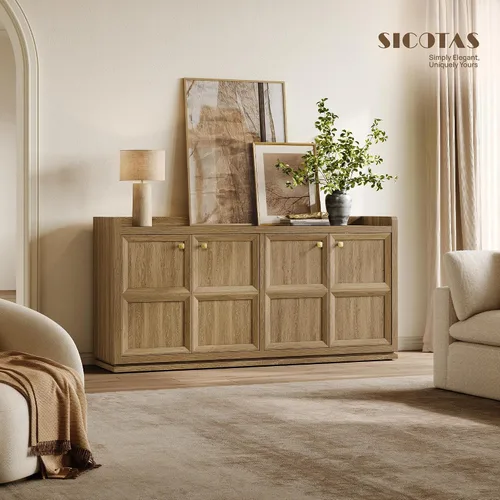 Vista 3 de SICOTAS - Armario buffet de 61.7 pulgadas, aparador de 4 puertas, cocina, sala de estar, roble marrón Geometric Doors & Elegant Gold Handle