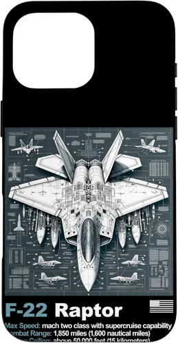 Vista 19 de F22 Raptor Fighter Jet Blueprint - Funda para iPhone 16, diseño técnico y especificaciones