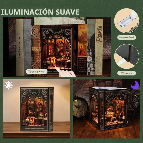Vista 5 de Kit de rincón de libros: rompecabezas de madera 3D con luces LED interactivas, decoración en miniatura para adultos y adolescentes, encantador