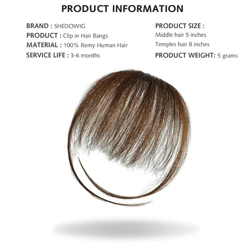 Vista 4 de Flequillo con clip, cabello humano real, flequillo natural con flecos y patillas laterales, postizo de cabello castaño medio Marrón medio