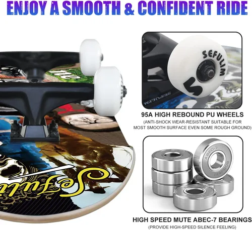 Vista 5 de 31 x 8 Inch Complete Skateboard 7 Layer Canadian Maple Double Kick Deck Concave Cruiser Trick Skateboard for Boys Girls Teens Adults Beginner