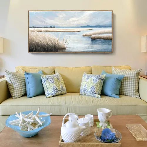 Vista 10 de Arte de pared para baño, decoración costera, barco náutico en la playa, lienzo con imagen de gaviota del océano, paisaje marino, arte de granja