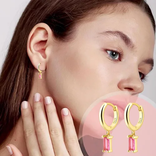 Vista 9 de Gold Huggie Hoop Earrings Crystal Green Drop Earrings