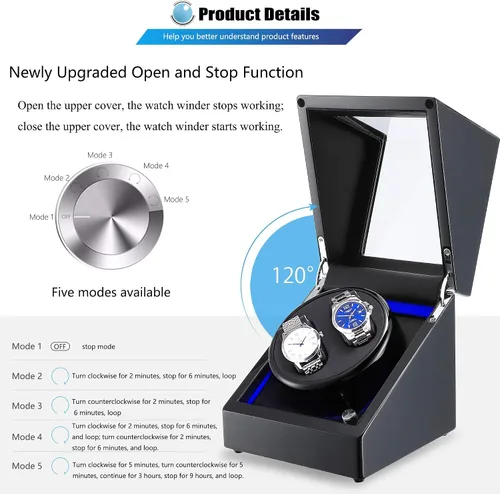 Vista 2 de NEWTRY Bobinadora automática de relojes dobles con motor silencioso de luz azul para relojes, adaptador de CA o funciona con pilas, para hombres