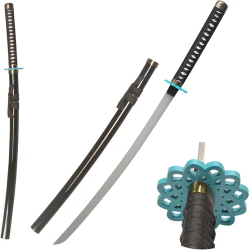 Vista 8 de Espada samurái de anime Katana negra de plástico de 40 pulgadas con protector dorado/azul para cosplay, accesorios de rendimiento