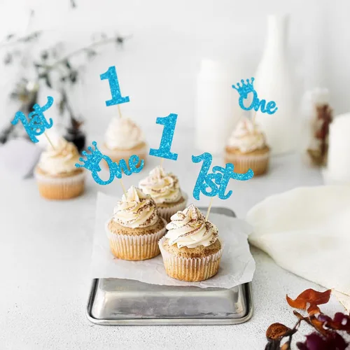 Vista 4 de 24 adornos para cupcakes de primer cumpleaños con purpurina para decoración de pastel de primer cumpleaños, selecciones de cupcakes para niños, baby