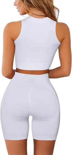 Vista 2 de Conjuntos de entrenamiento para mujer, conjuntos de 2 piezas, sin costuras, acanalados, con cremallera bidireccional, manga corta, pantalones cortos