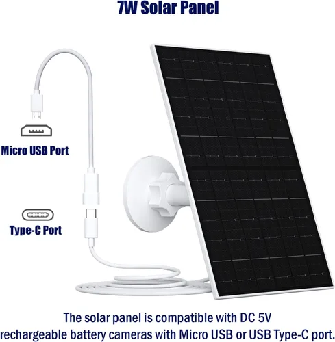 Vista 2 de Zivif Panel solar de 7 W compatible con Eufycam 2C/2C Pro/2/2 Pro/E20/E40/E, cargador solar USB con puerto USB-C, con conector micro USB y enchufe