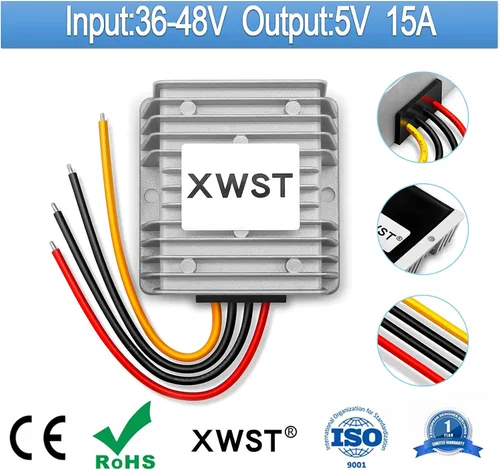 Vista 2 de DC 36 V 48 V reductor de voltaje convertidor reductor de voltaje a 5 V, 15 A, 75 W, regulador de 5 voltios, impermeable, transformador CC/CC