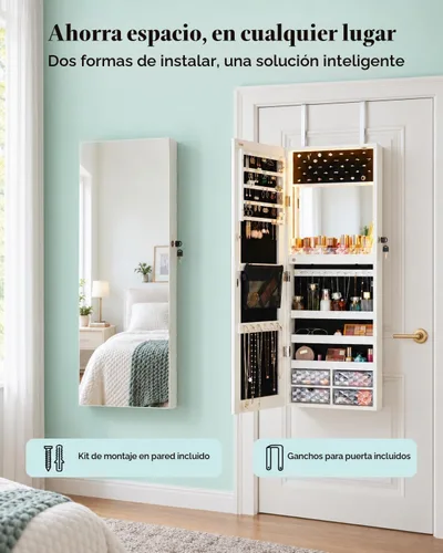 Vista 3 de LUXFURNI - Armario de joyería LED blanco montado en pared, espejo de 42