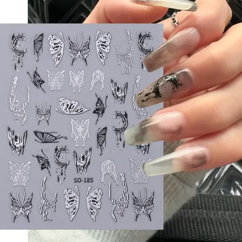 Vista 3 de Calcomanías líquidas para arte de uñas, diseño de mariposa, negro, plateado, mariposa, luna, 3D, autoadhesivas, suministros de arte de uñas