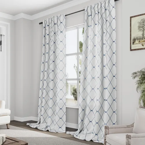 Vista 6 de Nanspring Cortinas blancas con patrón geométrico azul de 84 pulgadas de largo, juego de 2 paneles para sala de estar, pestaña trasera y bolsillo