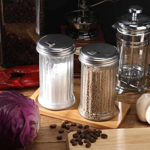 Vista 7 de FoldTier Dispensador de azúcar de vidrio con bandeja de 12 onzas, recipientes de azúcar de estilo retro con tapa de acero inoxidable para cafetería