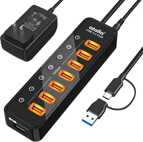 Vista 10 de Hub USB 3.0 alimentado, divisor de concentrador de datos USB de 7 puertos Atolla con un puerto de carga inteligente e interruptores individuales