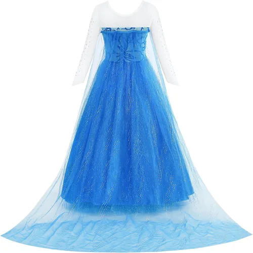 Vista 4 de Vestido de Elsa para niña, disfraz de Frozen, traje de cosplay, vestido de princesa, vestido de fiesta azul para Halloween, cumpleaños, color azul