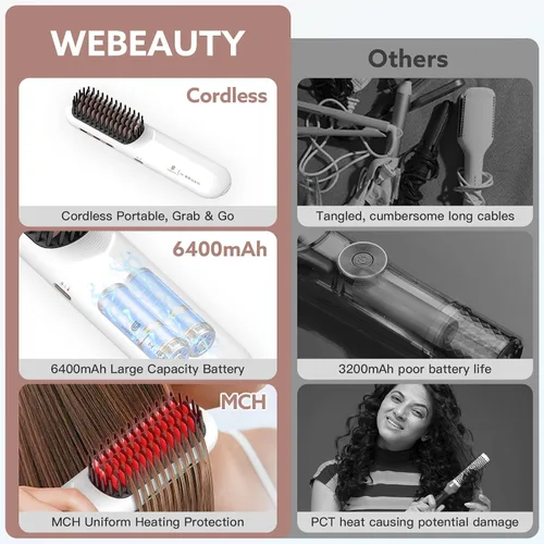 Vista 8 de webeauty - Cepillo alisador de pelo inalámbrico, [iones negativos de 656.2 ft], cepillo alisador portátil para mujeres, alisador de calentamiento