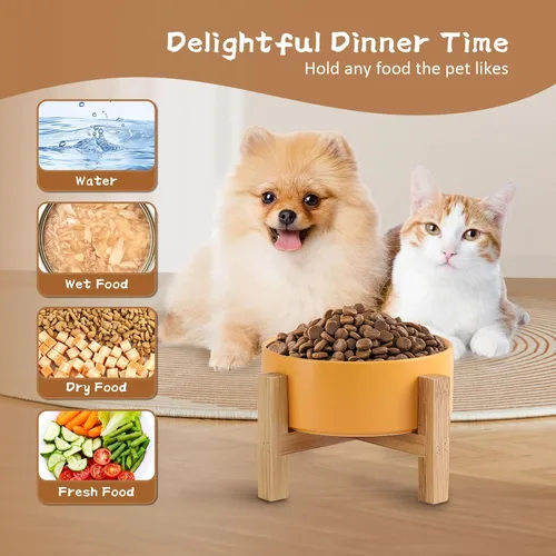 Vista 8 de Cuenco elevado de cerámica para gatos - Cuenco de comida para gatos con soporte de bambú - Plato elevado de comida para perros para cachorros - Verde