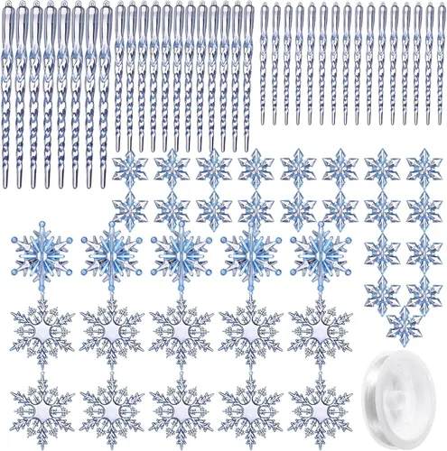 Vista 10 de Chuangdi 72 adornos de carámbano de copo de nieve para árbol de Navidad, carámbanos con purpurina retorcida, decoración de gota de acrílico