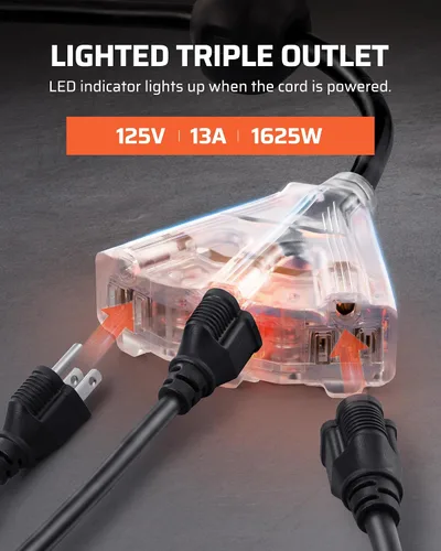 Vista 6 de DEWENWILS Carrete de cable de extensión retráctil, cable de alimentación resistente de 50 pies, 14AWG/3C SJTOW, 3 tomas de tierra con triple llave