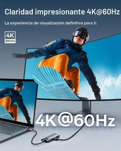 Vista 3 de Baseus Adaptador USB C a HDMI, estación de acoplamiento USB C 4K a 60Hz, concentrador USB C 7 en 1 con 3 USB-A, PD 100W, lector de tarjetas TF/SD