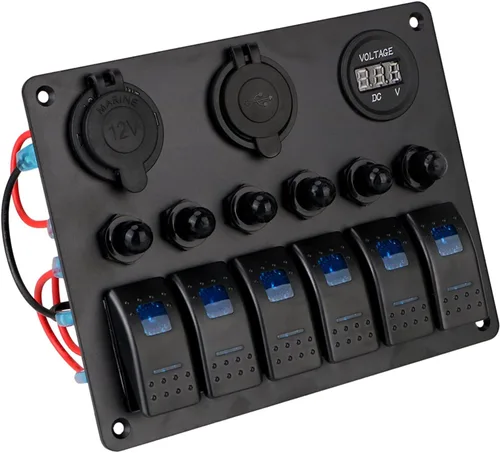 Vista 2 de Panel de interruptores marinos de 6 posiciones, panel de interruptor basculante de encendido y apagado de 12 V, voltímetro, cargador USB doble