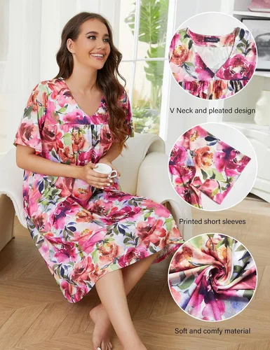 Vista 6 de Bloggerlove Vestido floral de manga corta con cuello en V y bolsillos para mujer, perfecto para descansar y relajarse en casa