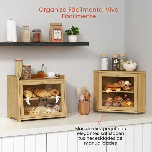 Vista 4 de Goozii Panera de Bambú de Esquina para Encimera de Cocina, Panera de Madera Redonda de 2 Niveles, Contenedor de Almacenamiento de Pan Estilo Granja