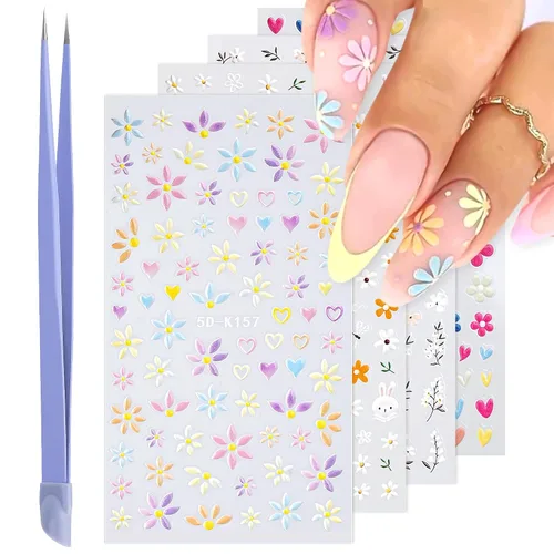 Vista 9 de Calcomanías de uñas, 4 hojas en relieve floral 5D, autoadhesivas para manicura de bricolaje