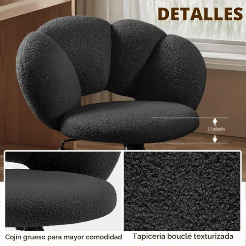 Vista 8 de Yaheetech Black Petal Boucle - Silla de escritorio para maquillaje con ruedas, giratoria, color negro