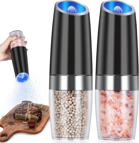 Vista 8 de EasyCom Gravity - Molinillo de sal y pimienta, funciona con pilas con luz LED, grosor ajustable, molinillo de pimienta automático con una mano
