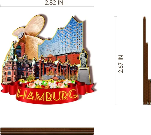 Vista 3 de Imán de madera de Hamburgo Alemania 3D para nevera, viajes, coleccionables, recuerdos, decoración, manualidades hechas a mano