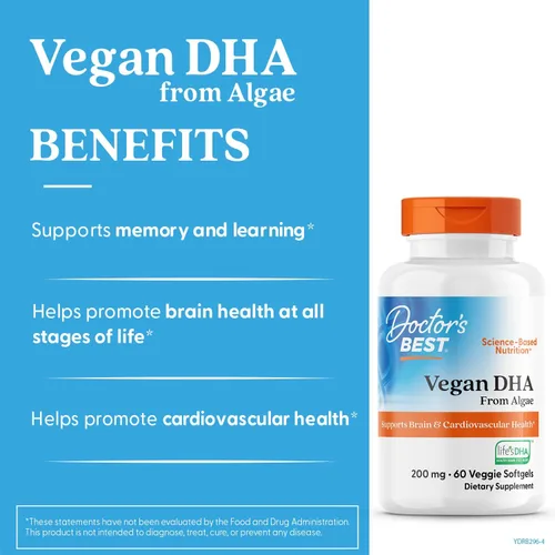 Vista 3 de Doctor's Best DHA vegetariano de algas, sin OMG, vegano, sin gluten, 200 mg, 60