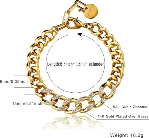 Vista 2 de JINAO Pulsera gruesa chapada en oro de 14 quilates con circonita cúbica helada y eslabones cubanos de Miami con extensores ajustables para mujeres
