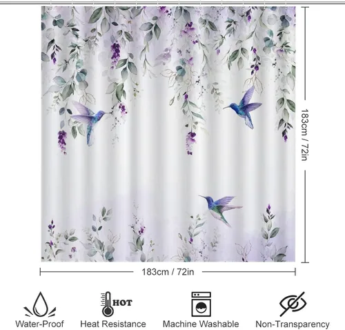 Vista 2 de Hermosos juegos de cortinas de ducha de 4 piezas de hojas de eucalipto, colibrí, rústico, acuarela, morado, eucalipto, floral, colibrí