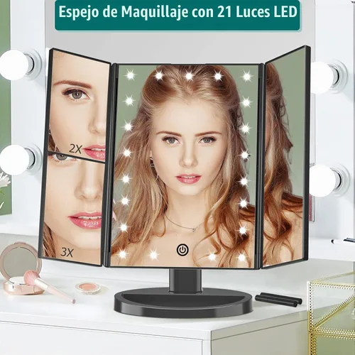 Vista 2 de FASCINATE Espejo de maquillaje iluminado, 21 luces LED brillantes, espejo de tocador tríptico LED con aumento 3x/2x/1x, control táctil de brillo