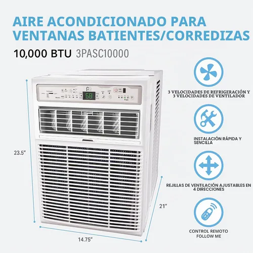 Vista 3 de Perfect Aire 10,000 BTU Aire Acondicionado con panel deslizante para ventana A/C - Modelo de apertura, 10000, Gris