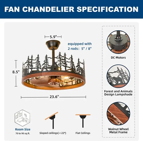 Vista 6 de 23.6 Inch Farmhouse Rustic Ceiling Fans with Lights, Vintage Walnut Wheels Flush Mount Bladeless Chandeliers Fan, Adjustable Height, Black Caged