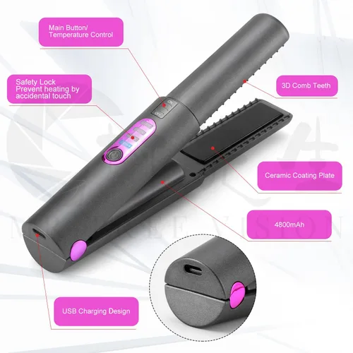 Vista 8 de OBEST Rizador de pelo inalámbrico 2 en 1, plancha plana inalámbrica de calentamiento rápido, alisador portátil para alisar y rizar el cabello, 5000