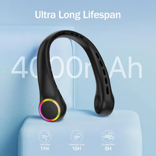 Vista 3 de Ventilador de cuello, ventilador portátil con vida útil de 5 a 17 horas, ventilador de cuello de 4000 mAh con 3 velocidades ajustables y 64 luces