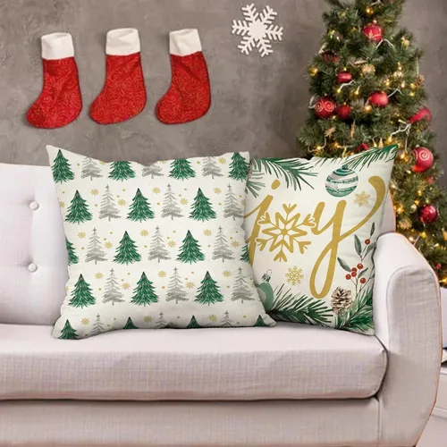 Vista 5 de Juego de 4 fundas de almohada decorativas de árbol de pino de Navidad de 18 x 18 pulgadas, bolas de alegría de Navidad, copos de nieve dorados