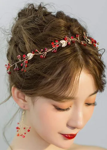 Vista 6 de Missgrace Vid de pelo de hoja roja de cristal, aretes y diadema para boda vintage, cumpleaños, fiesta, Halloween, joyería para el cabello para mujer
