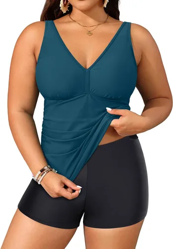Vista 26 de Yonique Trajes de baño de talla grande para mujer con shorts, control de abdomen, tankini de dos piezas, traje de baño deportivo Aqua y flor azul