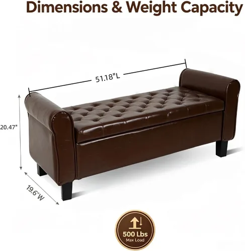 Vista 2 de 51 Inch Brown Faux Leather Storage Ottoman Bench with Rolled Armrests Leather-brown-51 Inch