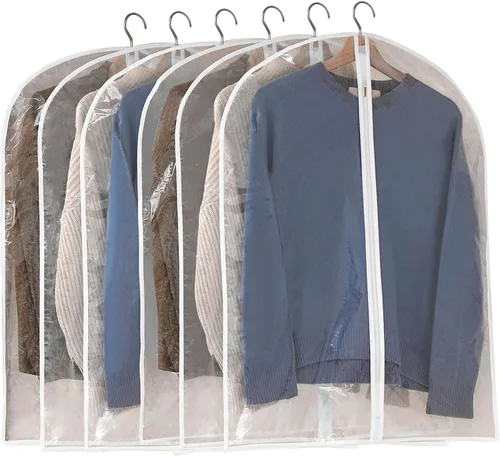 Vista 10 de Bolsas de ropa para colgar ropa, 6 bolsas de ropa transparentes, bolsa de plástico a prueba de polvo, protector de abrigo con cremallera