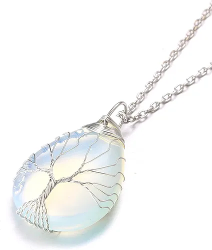 Vista 3 de Halukakah LUNARLOVE - Collar de piedra lunar Hecho a mano Platino18k chapado en oro de 18 quilates con alambre de árbol de la vida, colgante