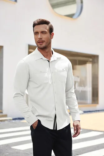 Vista 2 de COOFANDY Camisa de vestir ajustada para hombre, casual, con botones, de manga larga, con bolsillos