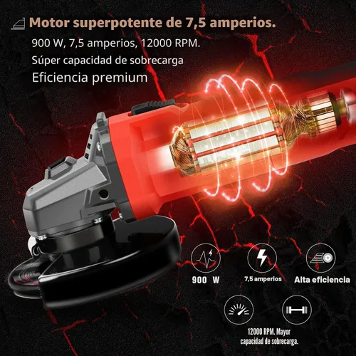 Vista 2 de Amoladora angular de 7.5Amp 4-1/2 pulgadas 12000 RPM con 2 protecciones, 3 ruedas de corte, 3 discos, mango antideslizante y cepillo de carbono