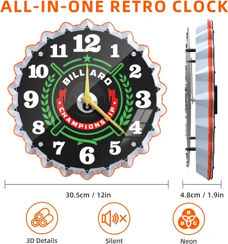 Vista 4 de Reloj de pared de neón, 12 pulgadas con gráficos de billar 8 bolas de billar, impresionante efecto de brillo 3D, silencioso sin tictac, para sala